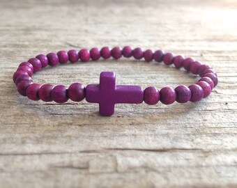 CLEARANCE, Purple Cross Bracelet, Beaded Bracelet, Sideways Cross, Stackable Bracelet, Bohemian Bracelet, Bohemian Jewelry