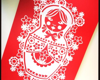 A4 Red Russian Doll Paper Cut Art Print