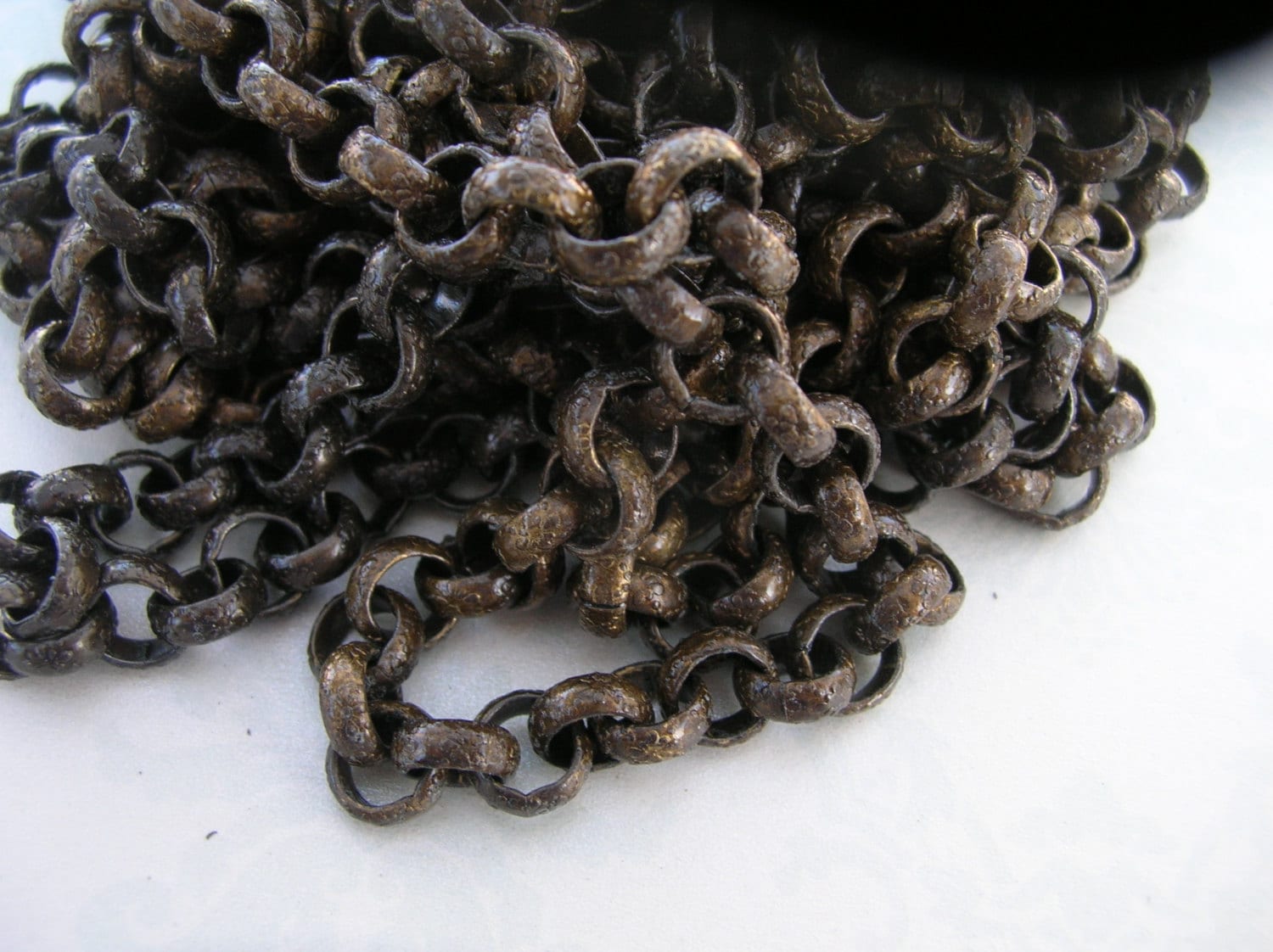 Vintage solid brass patterned 8mm Chunky Thick rolo chain rustic Aged brown patina  1 foot steampunk goth