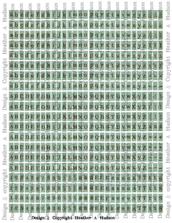 Tiny Vintage Blue Green Alphabet Text Boxes Type Digital Collage sheet Printable