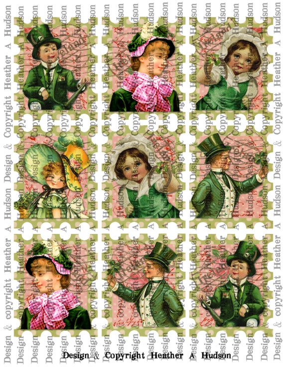 Victorian Vintage Shabby Chic Pink & Green St. Patrick's Day Stamps Tags  Digital Collage sheet Printable