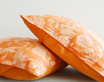 Orange Printed Dupioni Silk Pillow , Indian Scene Printed Pillow , Decor Pillow , Throw Pillow