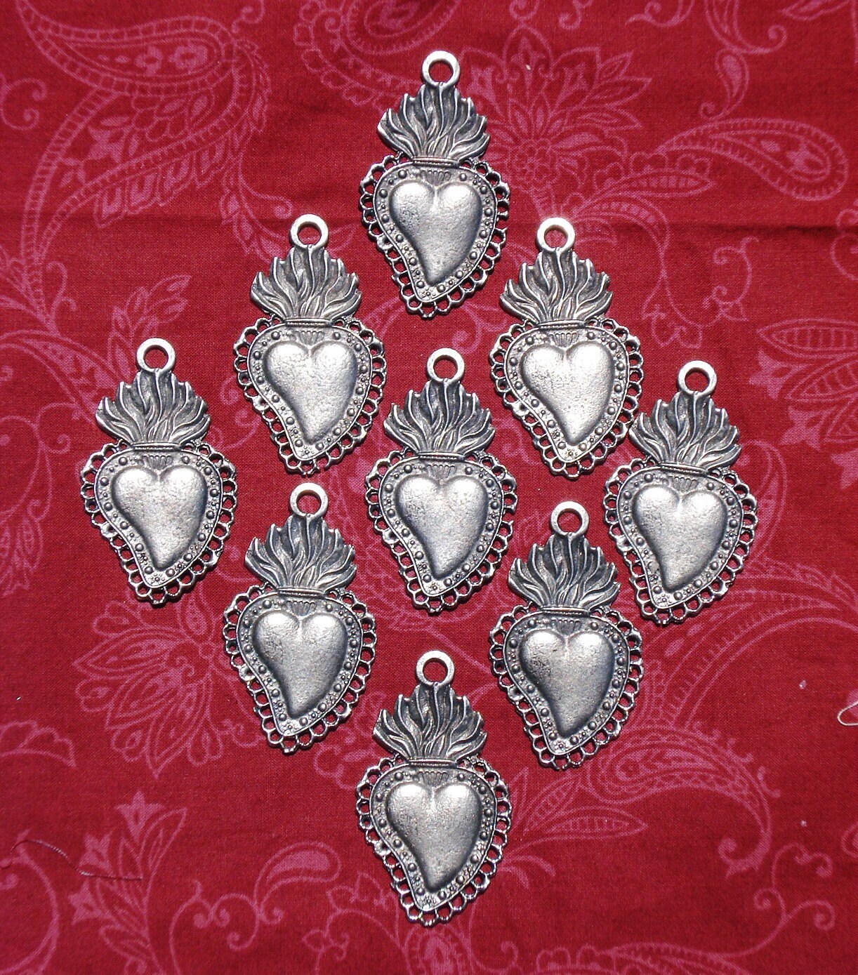 3 Antique Silver Sacred Hearts Mexican Milagros Charms