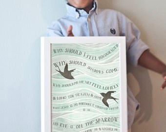 His Eye is on the Sparrow print in blues, grays, and black