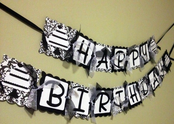 Damask Birthday Banner Adult birthday decor Black and