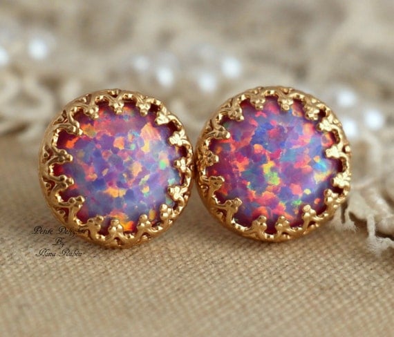 Opal Earrings,Opal Stud Earrings,Gift For Woman,Gold Opal Earrings,Christmas Gift for her,Purple Earrings,Opal Round Earrings,Opal Jewelry