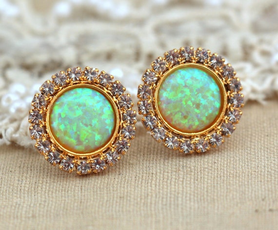 Opal Stud Earrings,Fire Opal Earrings,Opal Stud Earrings,Gift for her,Green Yellow Earrings,Swarovski Crystal Earrings,Fire Opal Studs