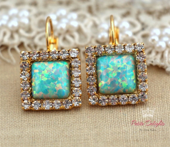Mint green Opal Drop earrings with white rhinestones, bridesmaids jewelry,wedding earrings, drop earrings- 4k gold plated swarovski earrings