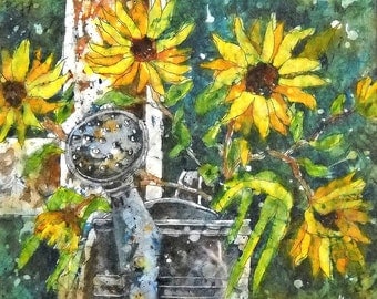 Watercolor Batik Sunflowers and Watering Can - Original Painting by Martha Kisling