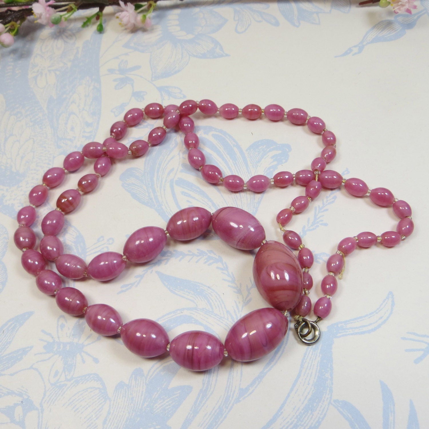 Victorian Pink Satin Glass Bead Necklace Vintage Czech