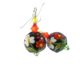 Black Lampwork Earrings, Glass Bead Earrings, Dangle Earrings, Beadwork Earrings, Red White Flower Earrings, Lampwork Jewelry