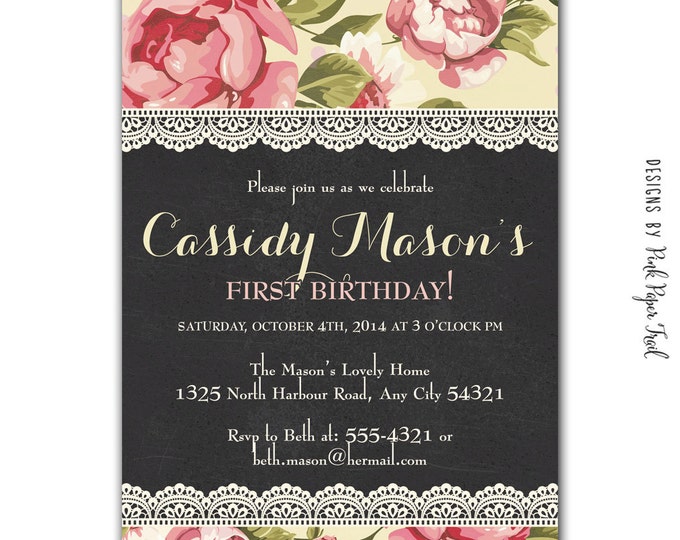 Shabby Chic Floral and Chalkboard Style Invitation v.2, Customizable Wordings, Printable, Wedding, Bridal Shower, Baby Shower