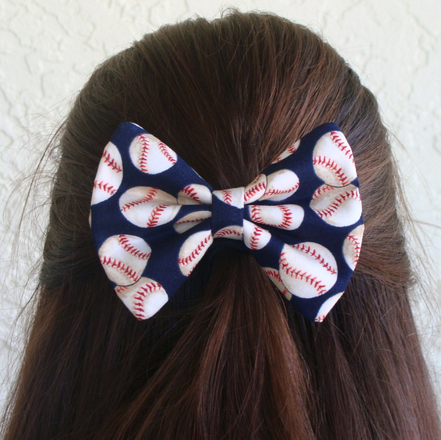Baseball Hair Bow Dark Blue with Baseballs Hair Clip Girl Teen
