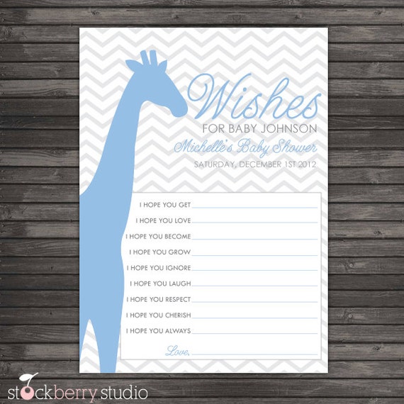 Giraffe Baby Shower Wishes For Baby Boy - Blue Baby Shower Well Wishes For Baby - Boy Baby Shower Games - Advice Cards Printable - Activity Il_570xn