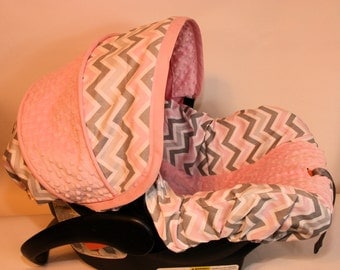 Grey White Pink Chevron with PInk minky- Girl Infant car seat cover- Custom Order - Includes Free Strap Covers