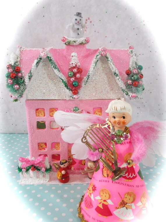 Handmade Pink Christmas Winter Glitter Putz House