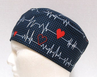 Mens Scrub Hat or Surgical Cap EKG on Black or White