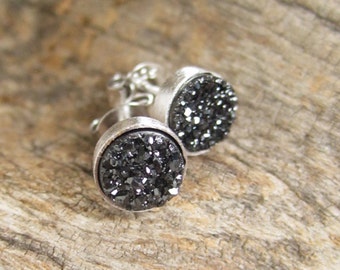 Tiny Black Druzy Studs Titanium Drusy Quartz Sterling Silver Bezel Set Earrings