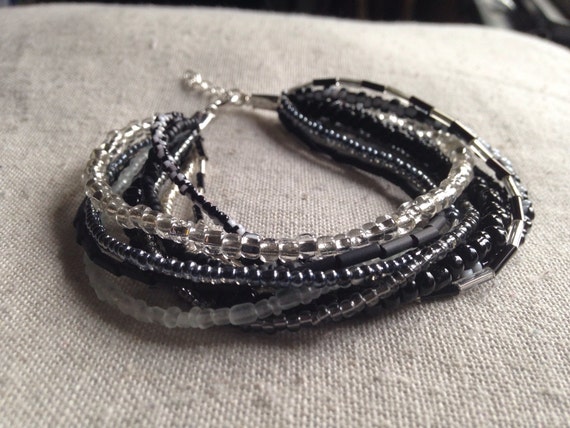 Black and silver multi-strand bracelet, black beaded bracelet, silver and black seed bead bracelet, black bridesmaids, boho bracelet,