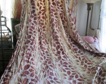 Antique c1880 French Curtain Panel Bed Hanging Ciel De Lit Drape Ombre Stripe Marron Tan Leaf Pattern C46