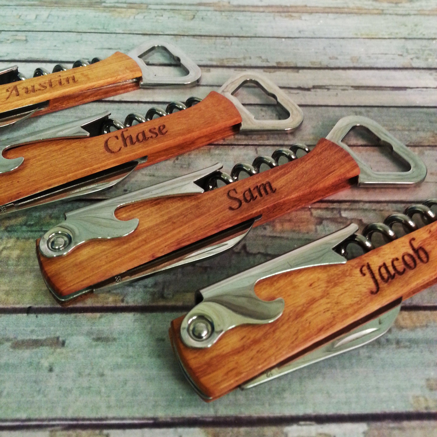 Personalized wood bottle opener engraved wine corkscrew