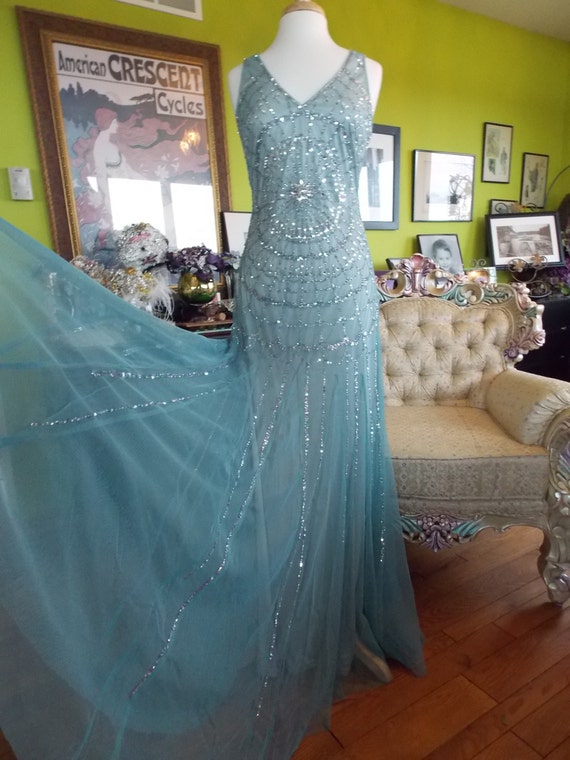 Pale blue rhinestone flapper inspired wedding dress