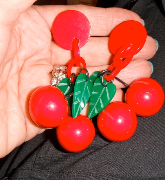 dangling red cherry fruit lucite clip on earrings paris