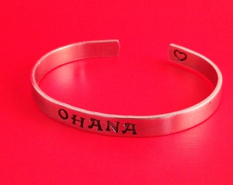 Ohana- Hand Stamped Cuff Bracelet- In Aluminum, Copper, Brass, or Sterling Silver