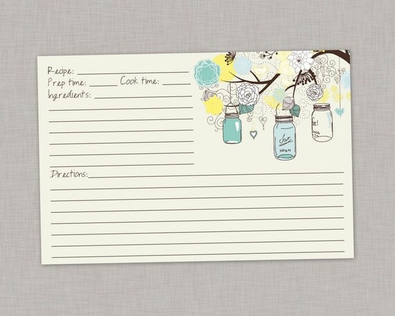 Recipe Card, Mason Jar Recipe Card, Mason Jar Bridal Shower, Printable ...