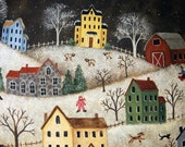Hand Painted Folk Art Wooden Bowl with Winter Village, Saltbox Houses, Fox, Deer, Snowy Night, Sledding, Horse Drawn Sleigh, Dog, Cat, Moon