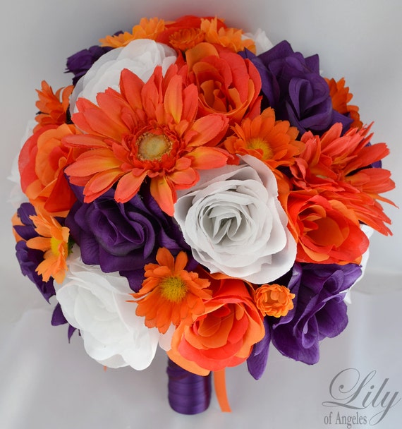 Wedding Bridal Bouquet Silk Flowers bouquets Decoration 17 pieces Package PURPLE ORANGE "Lily Of Angeles"