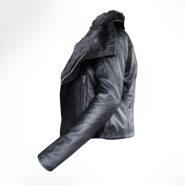 Custom Black Rabbit lined Leather Biker Jacket by by JODClothing