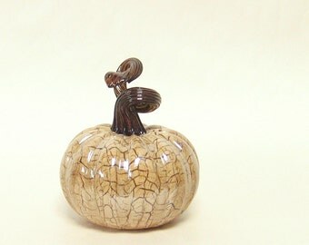Hand Blown Glass Pumpkin / Art Glass Sculpture / Autumn Home Decor Fall Thanksgiving Decorations Winter White Dark Brown