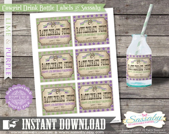 Cowgirl Drink Bottle Labels - Lime & Purple - INSTANT DOWNLOAD - Editable Printable Birthday Party Decorations by Sassaby Il_570xn