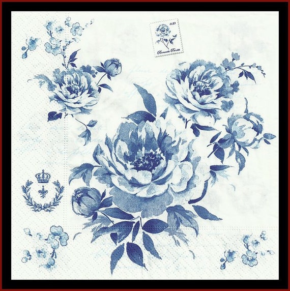 Blue Flowers on Tissue Paper Napkins Use For Decoupage Mixed