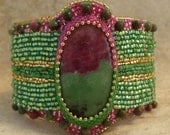 Ruby and Zoitzite Egyptian influenced beaded cuff bracelet