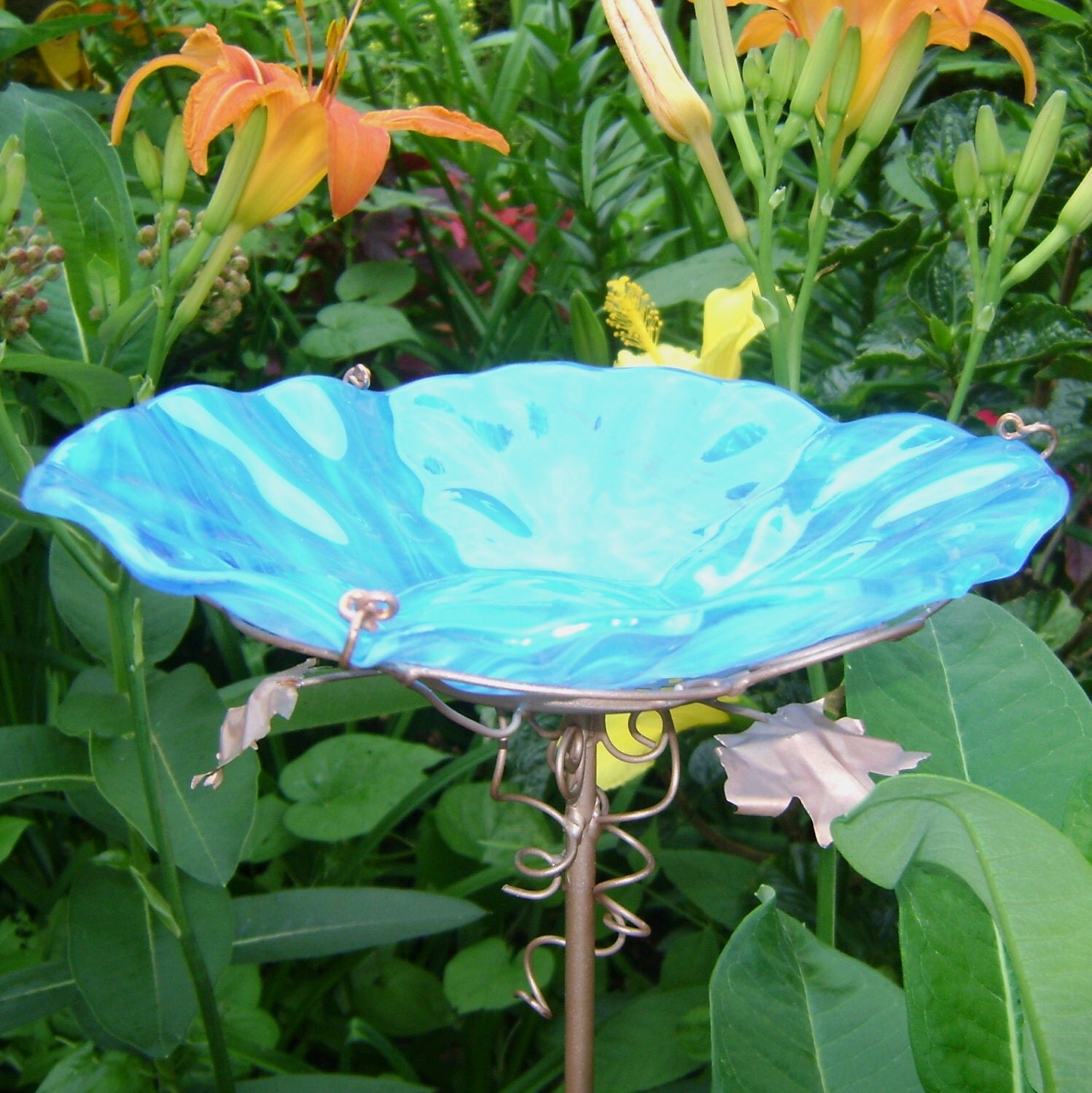 BIRD BATH Stained Glass AQUA Copper Home Decor Garden