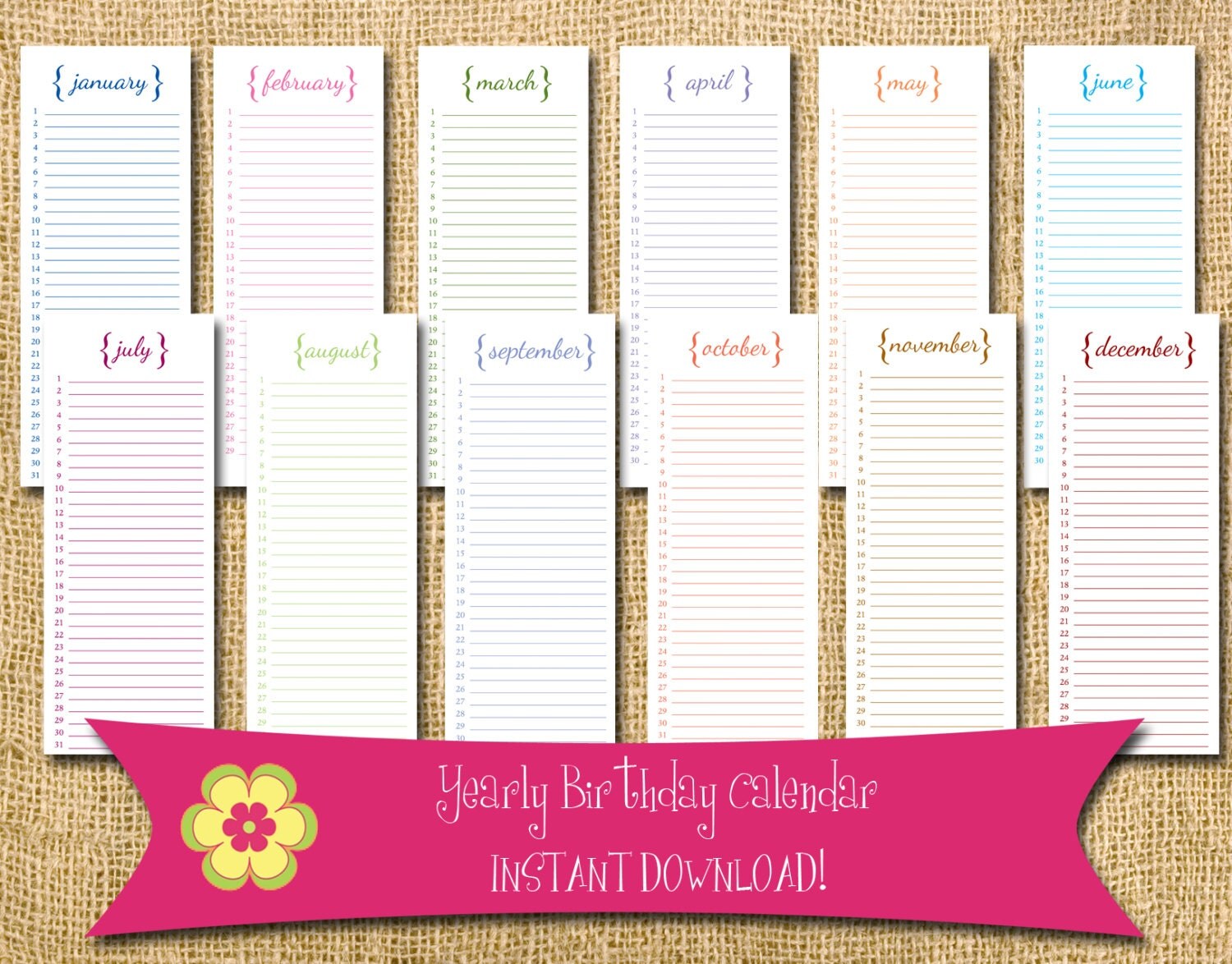INSTANT DOWNLOAD Perpetual Birthday Calendar With Brackets