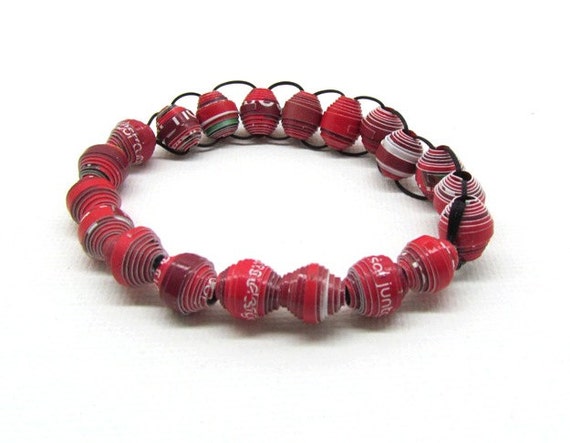BLACK FRIDAY SALE 40% Off Unisex Red Paper Bead Bracelet Recycled Jewelry Eco-Friendly Upcyled Paper Beads Bracelet Earth Friendly