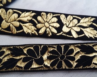 3/4" Black and Metallic Gold Vintage French Brocade Jacquard Ribbon Trim with florals 1075-01
