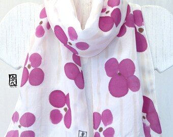 Hand Painted Silk Scarf, Claret Purple Pink Flowers, Pink Floral Scarf, Silk Scarves Takuyo, Silk Crepe de Chine, 8x54 inches.