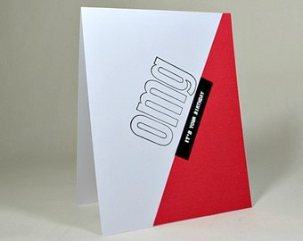 OMG It's Your Birthday Card, OMG Card, Greeting Card, Artful Card, Red and White, Birthday Card, Paper Wonders Shop, Carte d'Anniversaire