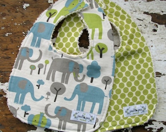 Elephant Baby Bibs - Set of 2 - Trunk Tales & Lime Moon - Gender Neutral - Boy or Girl - Grey Vintage Blue and Lime