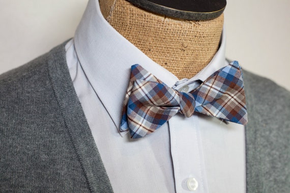 Items similar to Pendleties: Blue and Brown plaid Bowtie - Self-Tie and ...