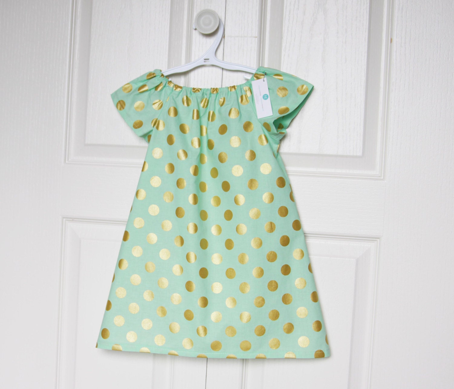 Girls Dress in Mint Green with Gold Polka by handmadetherapykids