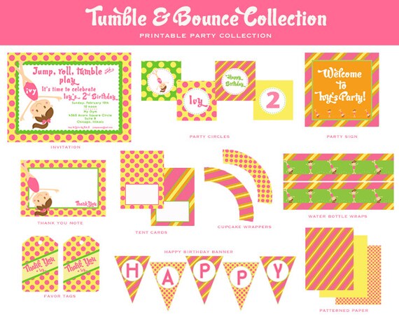 GYMNASTICS Printable Party Package, Pink and yellow (Gymnastics BIRTHDAY Invitation, Gymnastics party DECORATIONS, Gymnastics Birthday) Il_570xn