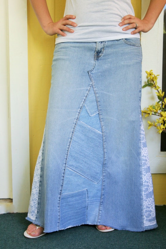 Long Jean Skirt With Lace Insets Patchwork Made To Order