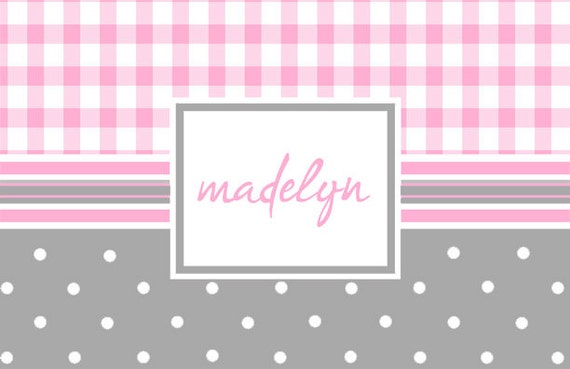 Pink & Grey Gingham and Polka Dot Personalized Placemat Il_570xn