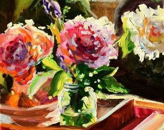 FLEURS DE JARDIN, Art Print of original oil painting by CeciliaRosslee,roses in mason jar, coffee table, wooden tray