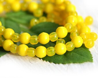 Bright Yellow beads mix, Czech glass - round spacers, druk, small - 4-3mm - approx.120Pc - 0480